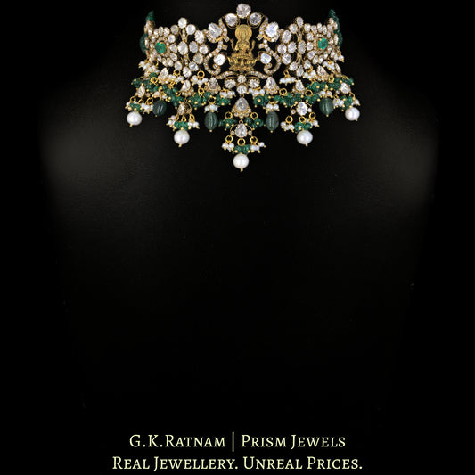 18k Gold and Diamond Polki Open Setting victorian-finish Choker Necklace strung with Strawberry Quartz