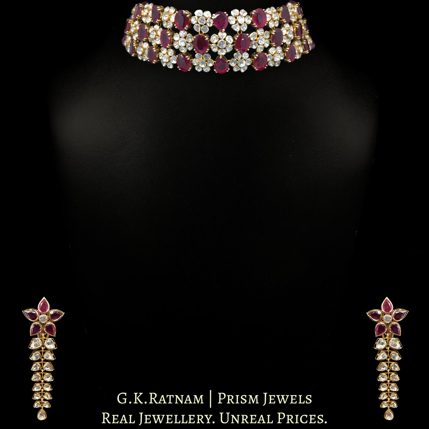 18k Gold and Diamond Polki Open Setting Choker Necklace Set with Rubies