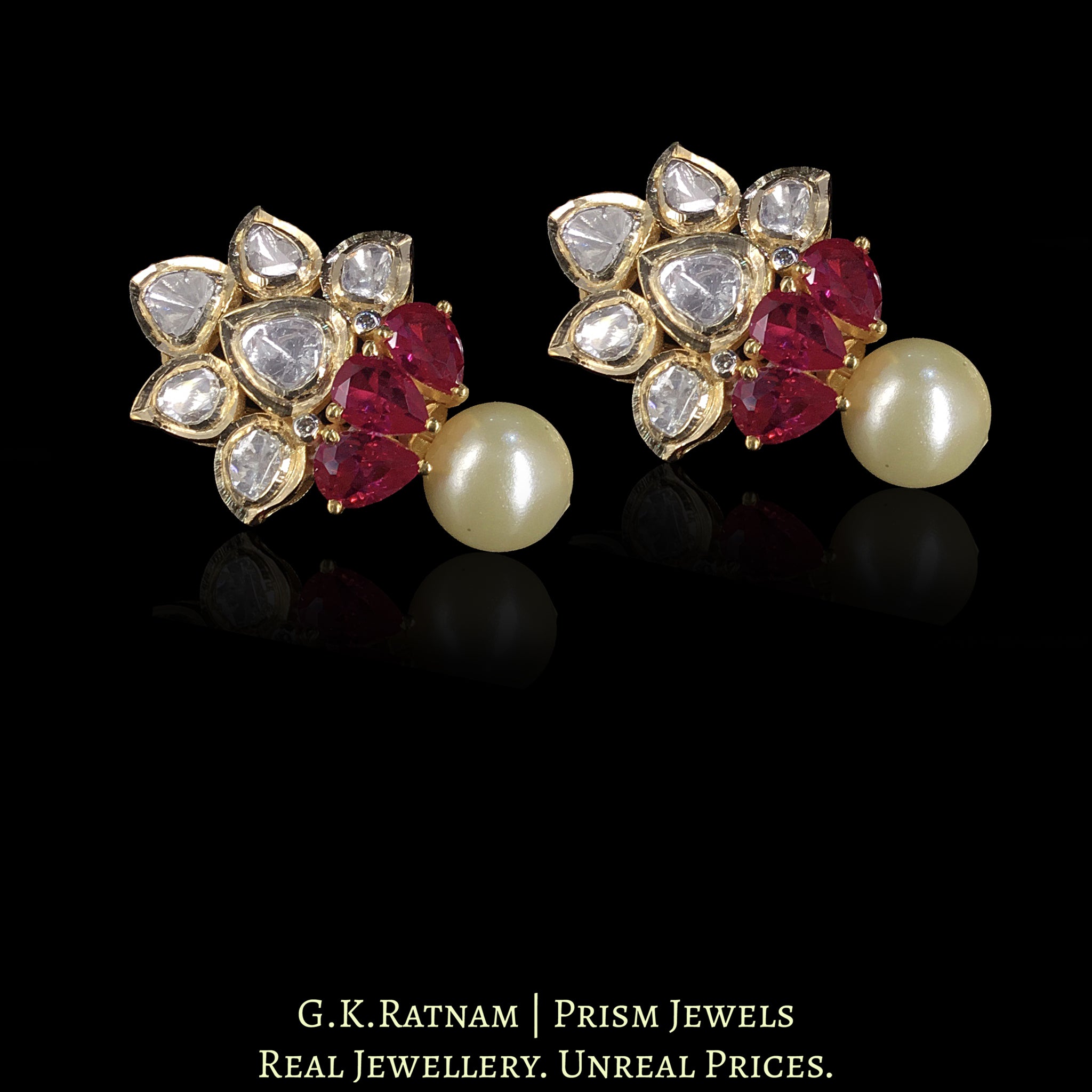 18k Gold and Diamond Polki Open Setting floral Tops / Studs Earring Pair with Rubies and Pearls