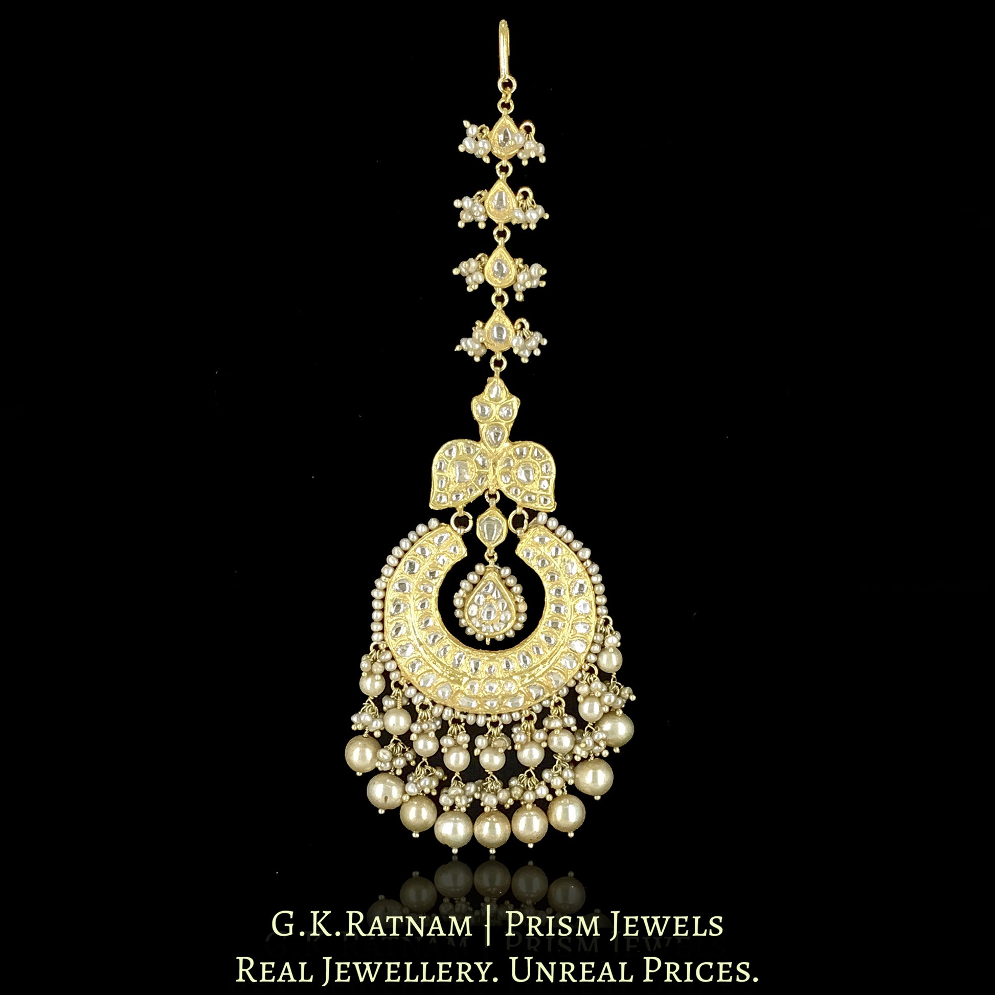 23k Gold and Diamond Polki Maang Tika With Antiqued Freshwater Pearls - G. K. Ratnam
