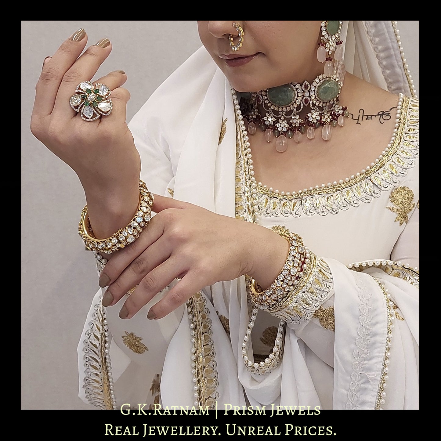 14k Gold and Diamond Polki Open Setting floral Ring with Natural Emeralds - G. K. Ratnam
