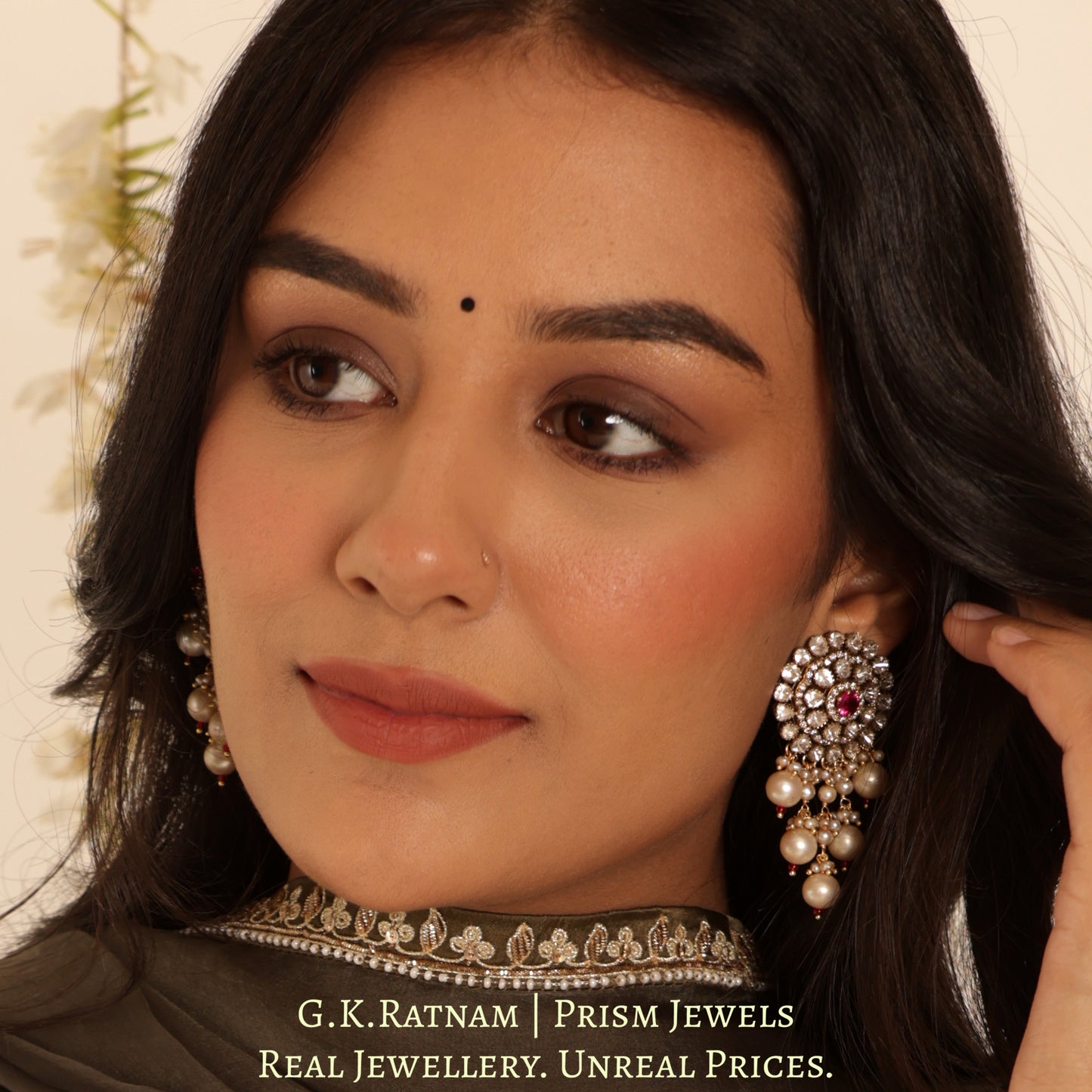 14k Gold and Diamond Polki Open Setting Choker Necklace Set with Antiqued Freshwater Pearls - G. K. Ratnam