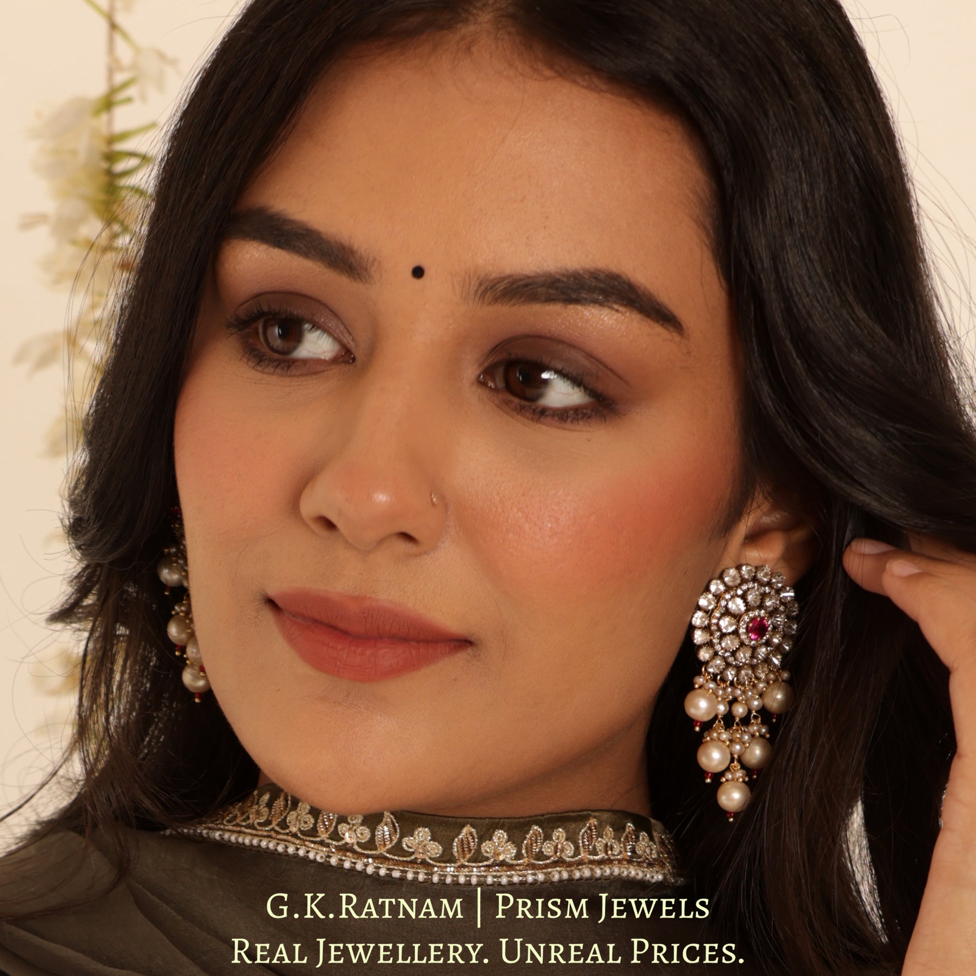 14k Gold and Diamond Polki Open Setting Choker Necklace Set with Antiqued Freshwater Pearls - G. K. Ratnam
