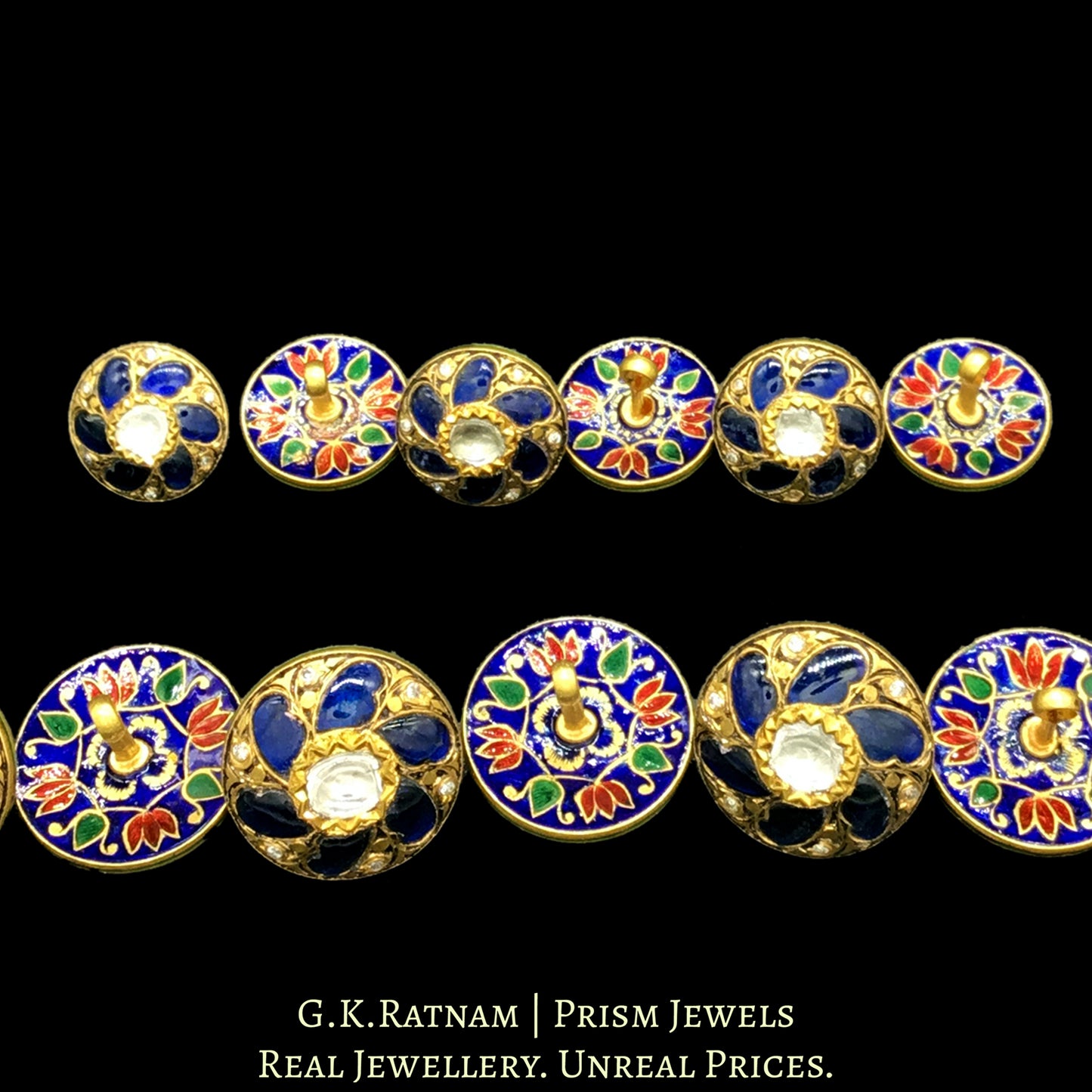 22k Gold and Diamond Polki prataj-work Sherwani Buttons with Blue Sapphire Talafs