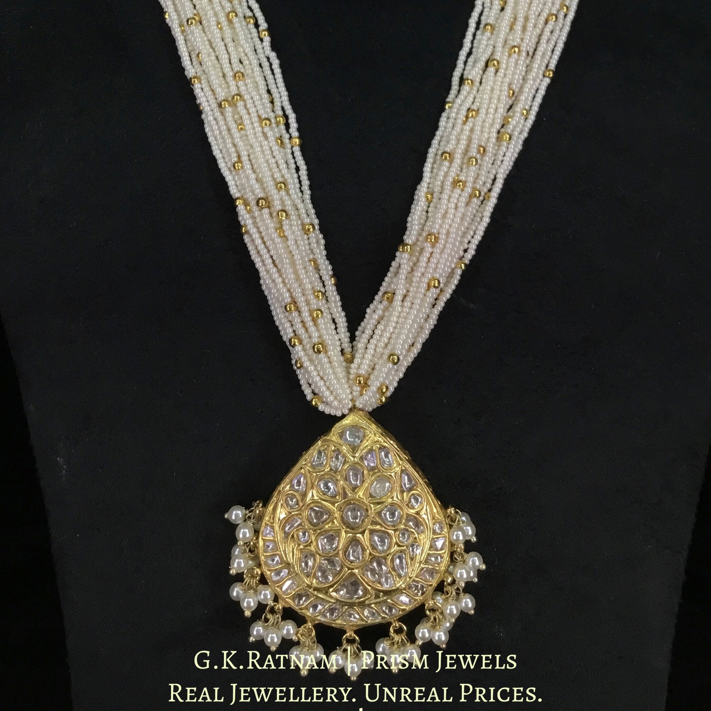 23k Gold and Diamond Polki pear-shaped Pendant with Chid Pearl Bunches - G. K. Ratnam