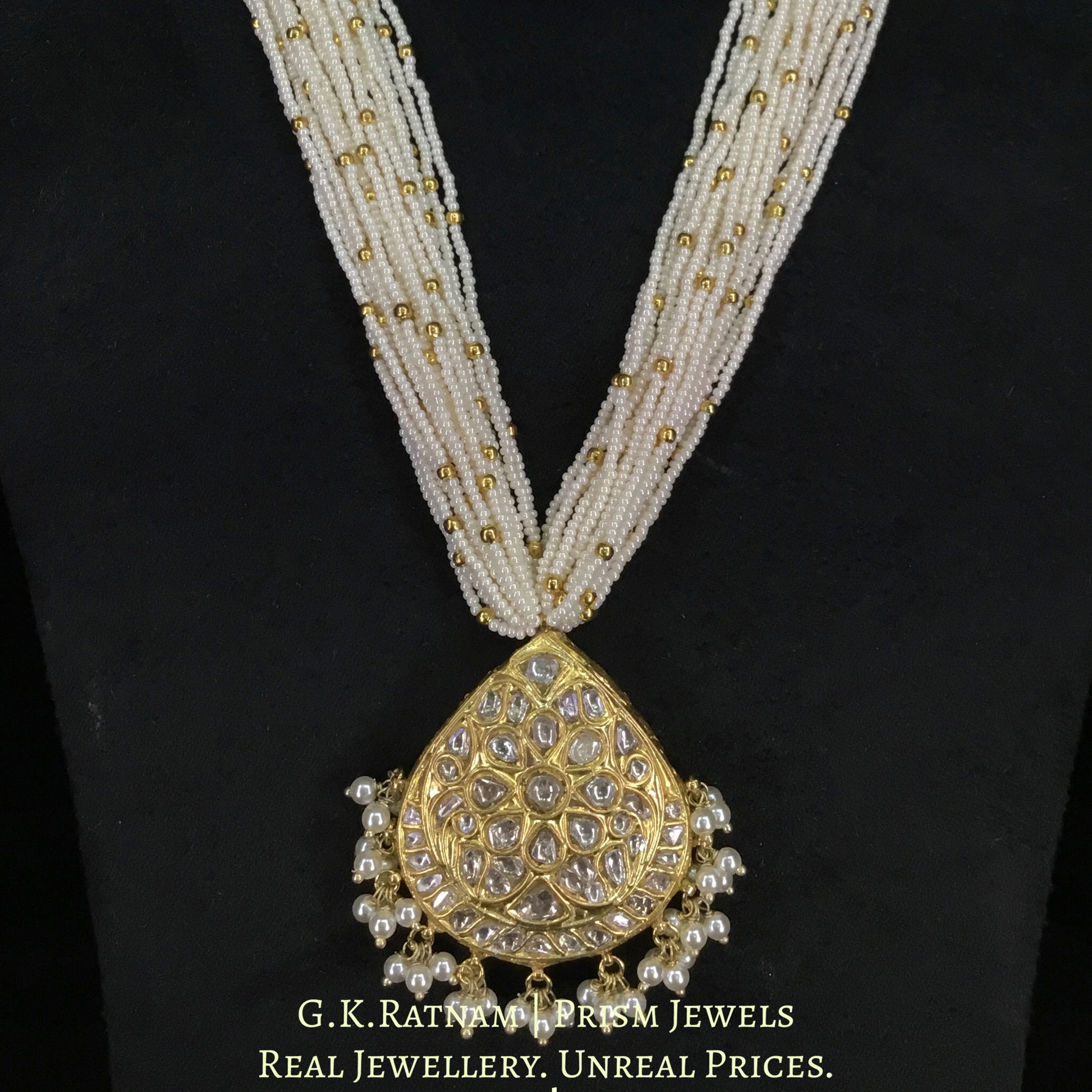 23k Gold and Diamond Polki pear-shaped Pendant with Chid Pearl Bunches - G. K. Ratnam