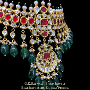 18k Gold and Diamond Polki south-style Choker Necklace Set with Natural Emeralds