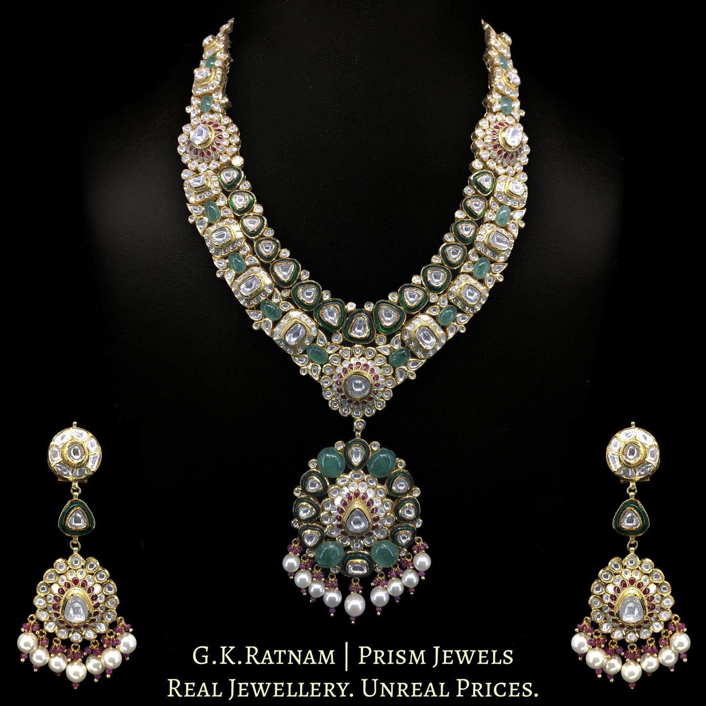 18k Gold and Diamond Polki Long Necklace Set with Rubies and emerald-green Strawberry Quartz - G. K. Ratnam