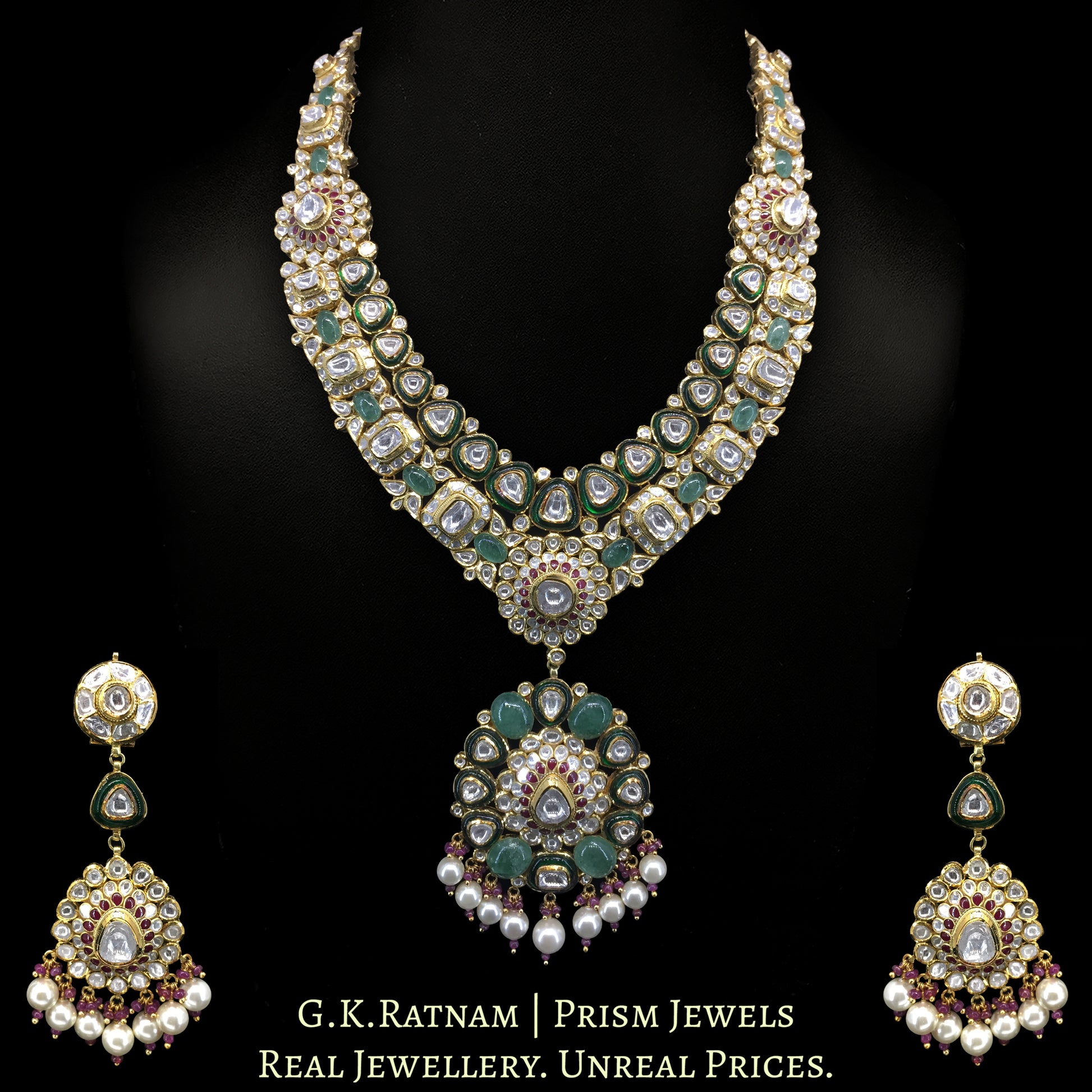 18k Gold and Diamond Polki Long Necklace Set with Rubies and emerald-green Strawberry Quartz - G. K. Ratnam