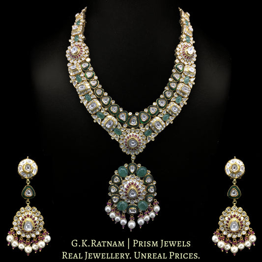18k Gold and Diamond Polki Long Necklace Set with Rubies and emerald-green Strawberry Quartz - G. K. Ratnam