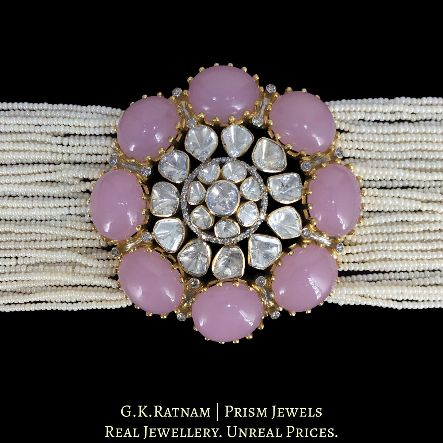 18k Gold and Diamond Polki Open Setting Choker Necklace With Chid Bunches