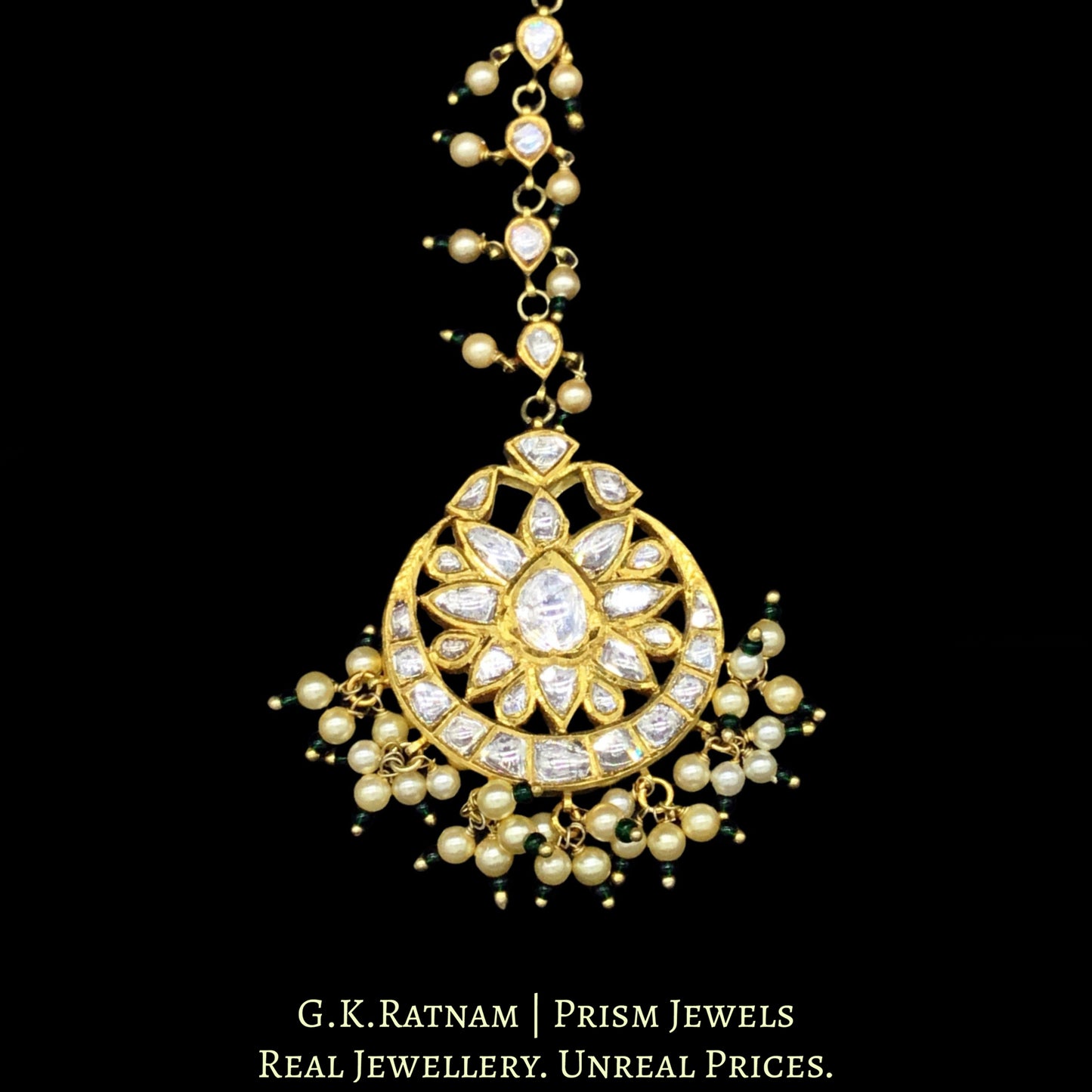 18k Gold and Diamond Polki big Maang Tika enhanced with pearls and a hint of green