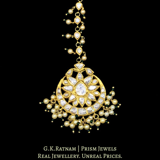 18k Gold and Diamond Polki big Maang Tika enhanced with pearls and a hint of green