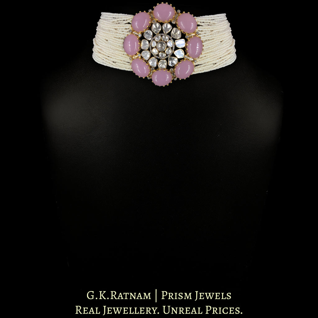 18k Gold and Diamond Polki Open Setting Choker Necklace With Chid Bunches