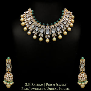 14K Gold and Diamond Polki Open Setting Necklace Set With emerald-grade Beryls and Pearls