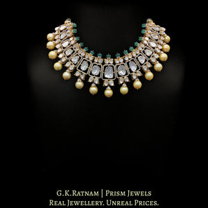 14K Gold and Diamond Polki Open Setting Necklace Set With emerald-grade Beryls and Pearls