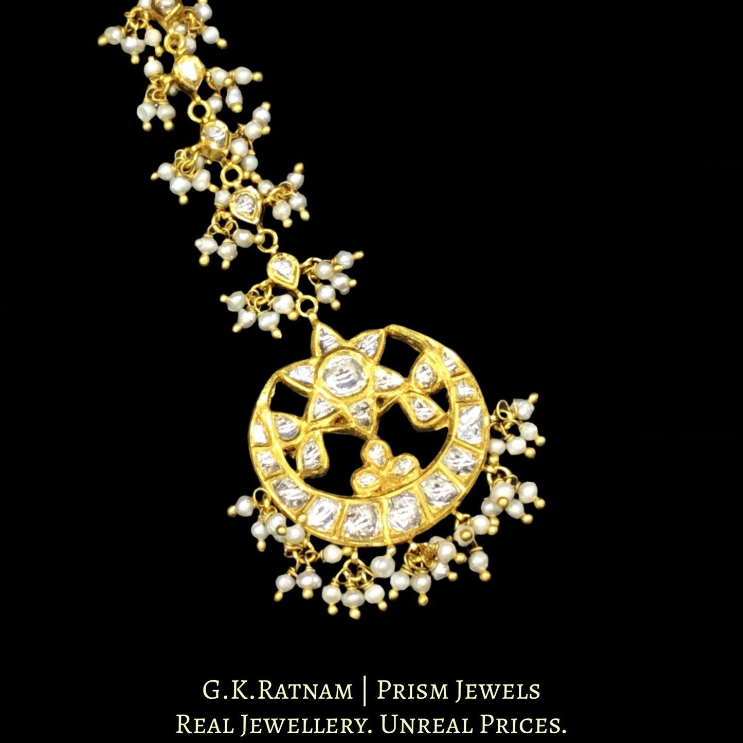 18k Gold and Diamond Polki Maang Tika with Natural freshwater Pearls - G. K. Ratnam
