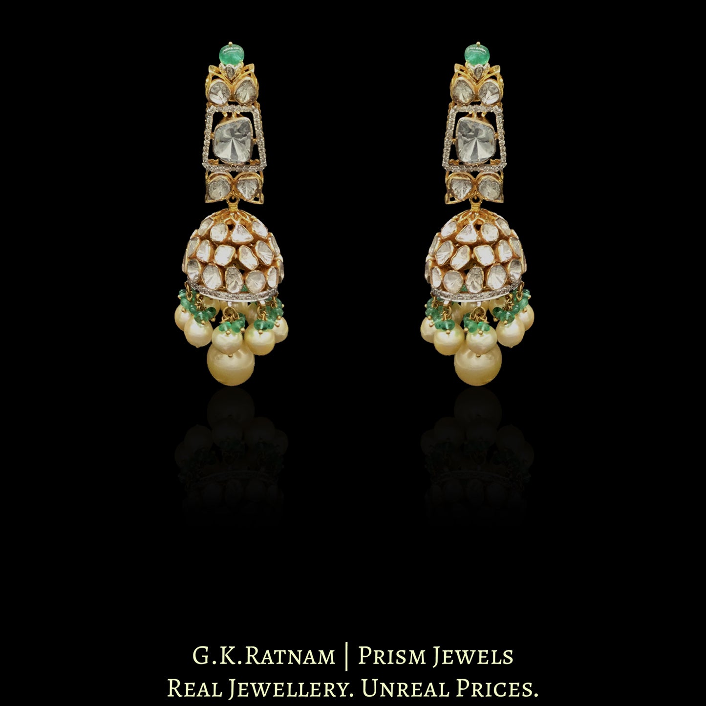 14K Gold and Diamond Polki Open Setting Necklace Set With emerald-grade Beryls and Pearls