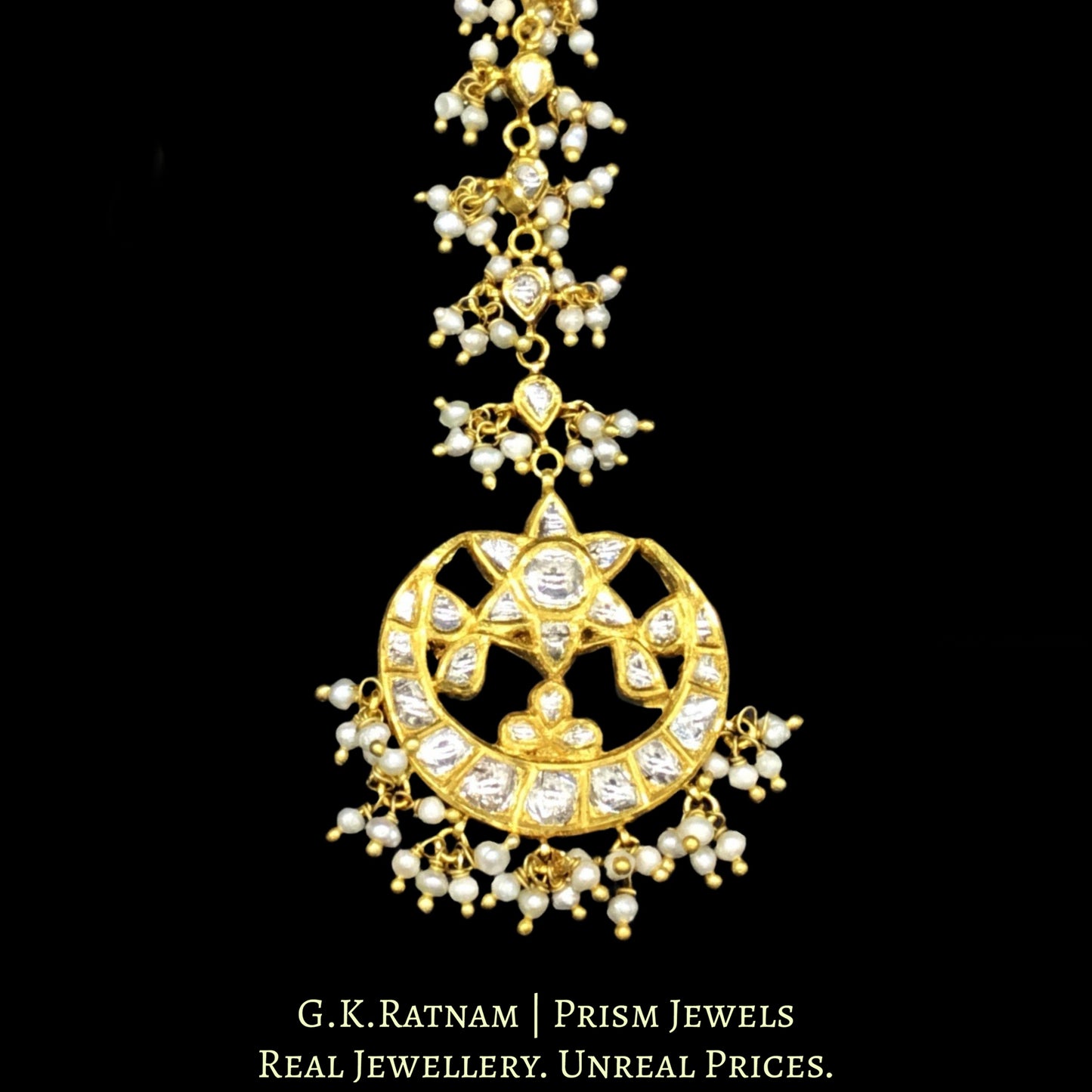 18k Gold and Diamond Polki Maang Tika with Natural freshwater Pearls - G. K. Ratnam