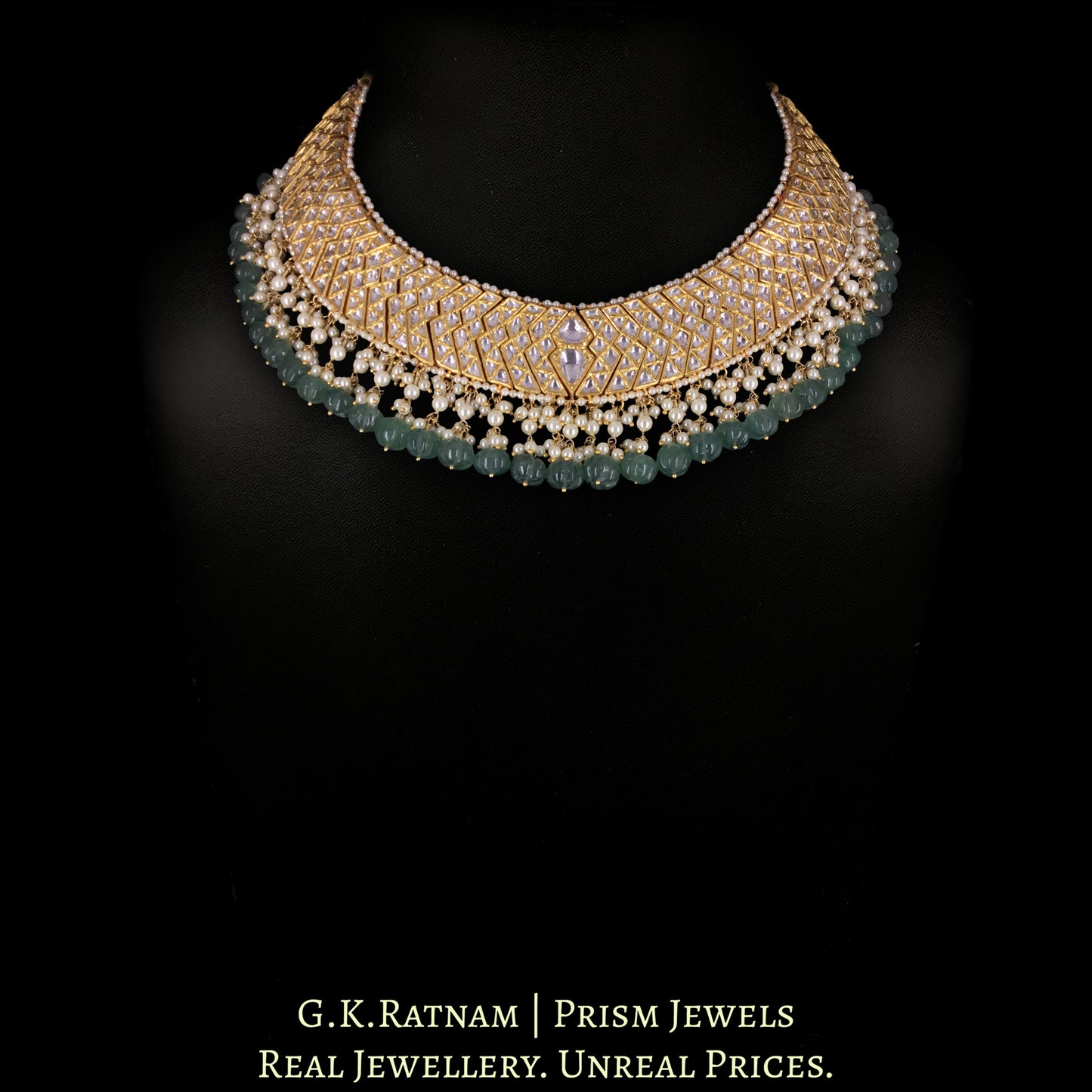 22k Gold and Diamond Polki W-Necklace with Green Strawberry Quartz Melons and Pearls