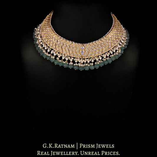 22k Gold and Diamond Polki W-Necklace with Green Strawberry Quartz Melons and Pearls