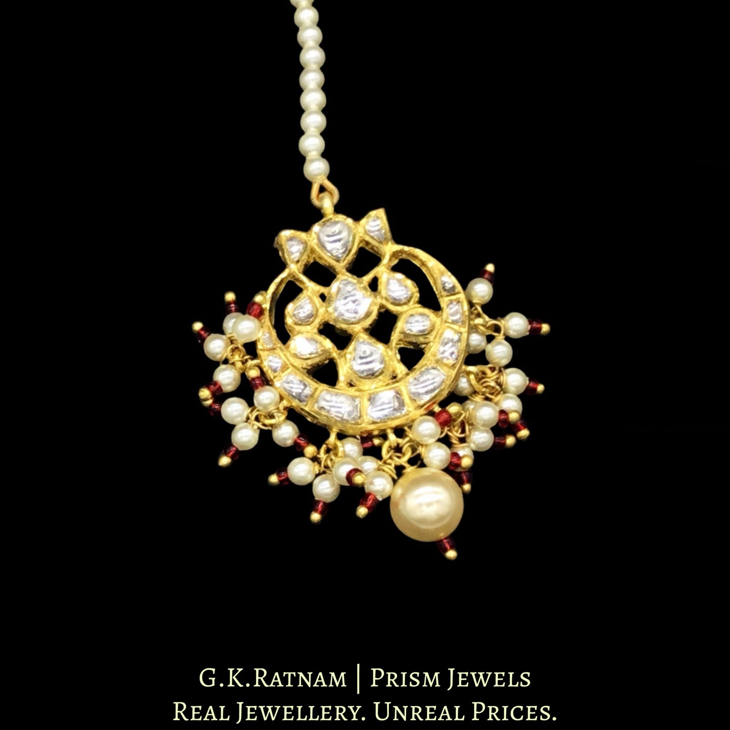 18k Gold and Diamond Polki Maang Tika with a hint of red in triple-coated shell pearls - G. K. Ratnam