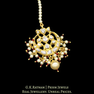 18k Gold and Diamond Polki Maang Tika with a hint of red in triple-coated shell pearls