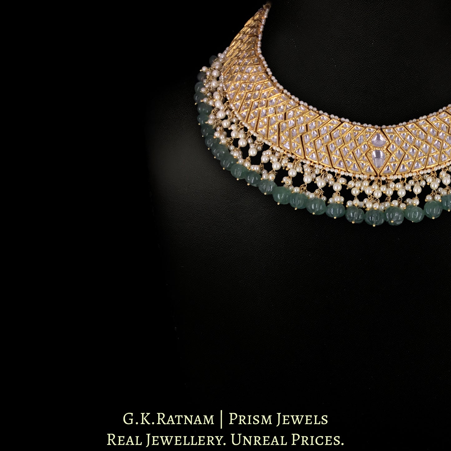 22k Gold and Diamond Polki W-Necklace with Green Strawberry Quartz Melons and Pearls