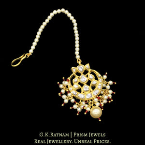 18k Gold and Diamond Polki Maang Tika with a hint of red in triple-coated shell pearls