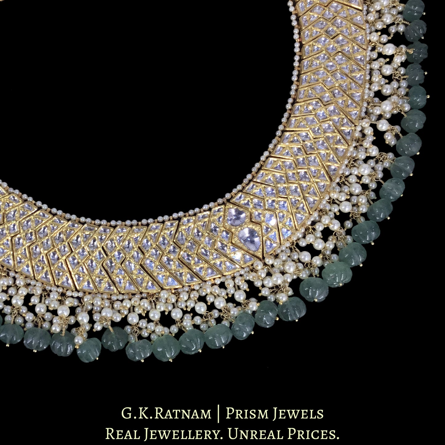 22k Gold and Diamond Polki W-Necklace with Green Strawberry Quartz Melons and Pearls