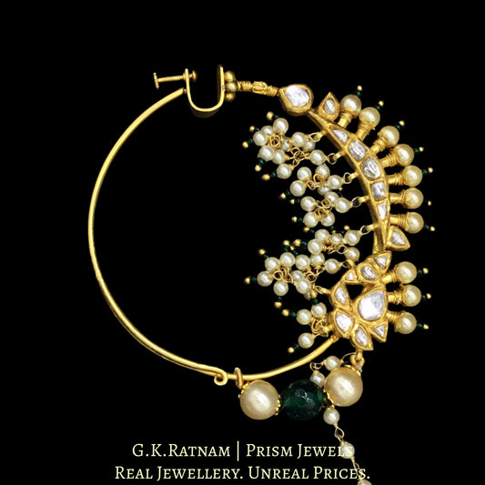 18k Gold and Diamond Polki Bridal Nose Ring with pearl chandeliers - G. K. Ratnam