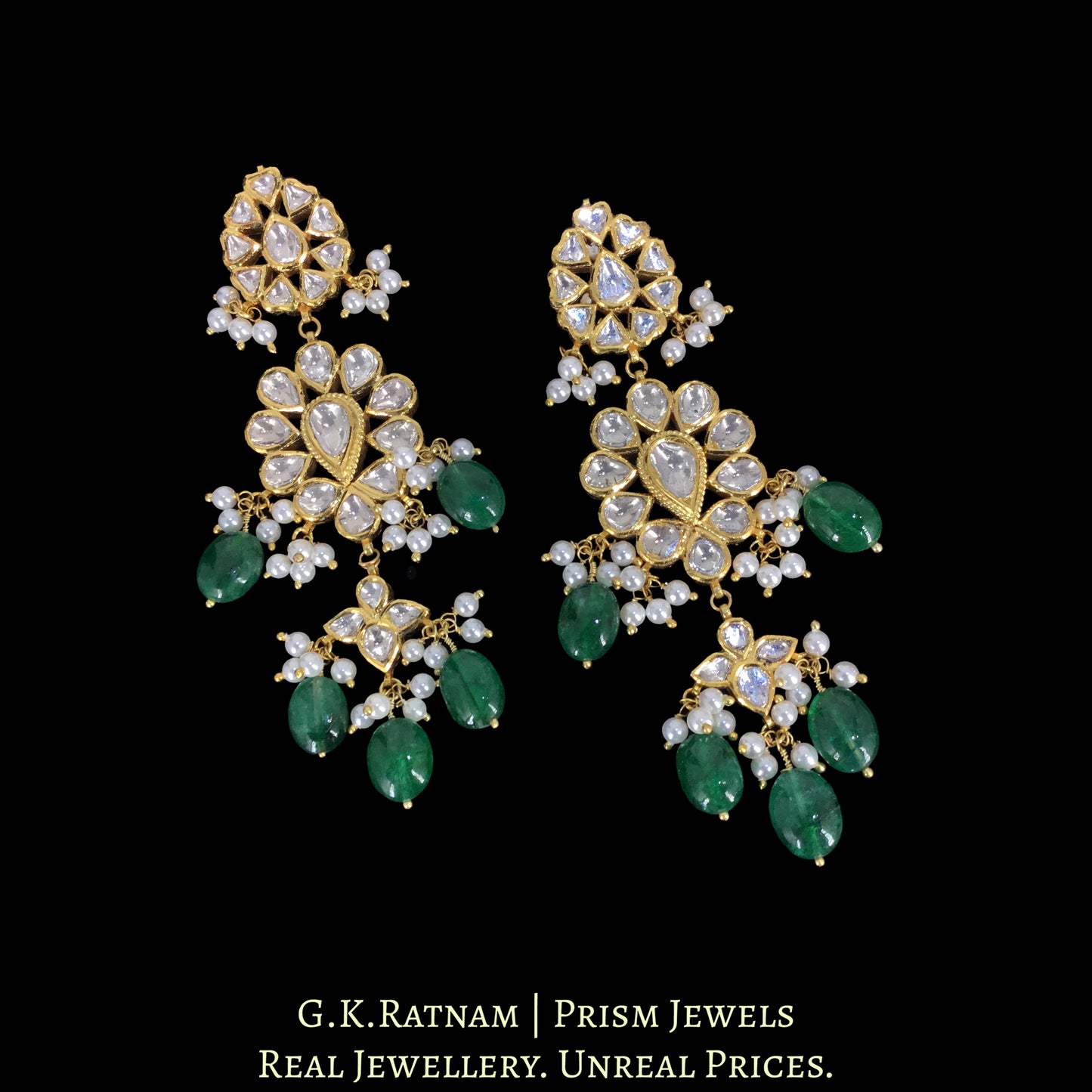 18k Gold and Diamond Polki Necklace Set with emerald-grade Green Beryls and Pearls