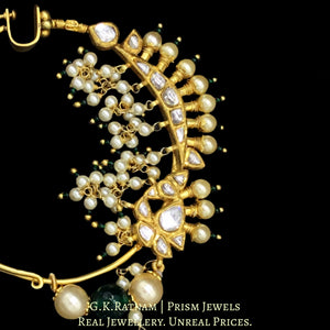 18k Gold and Diamond Polki Bridal Nose Ring with pearl chandeliers