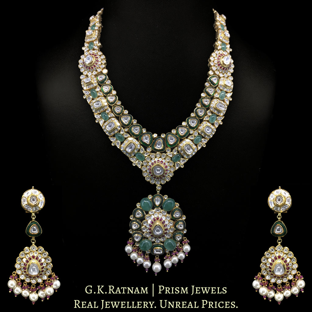 18k Gold and Diamond Polki Long Necklace Set with Rubies and emerald-green Strawberry Quartz