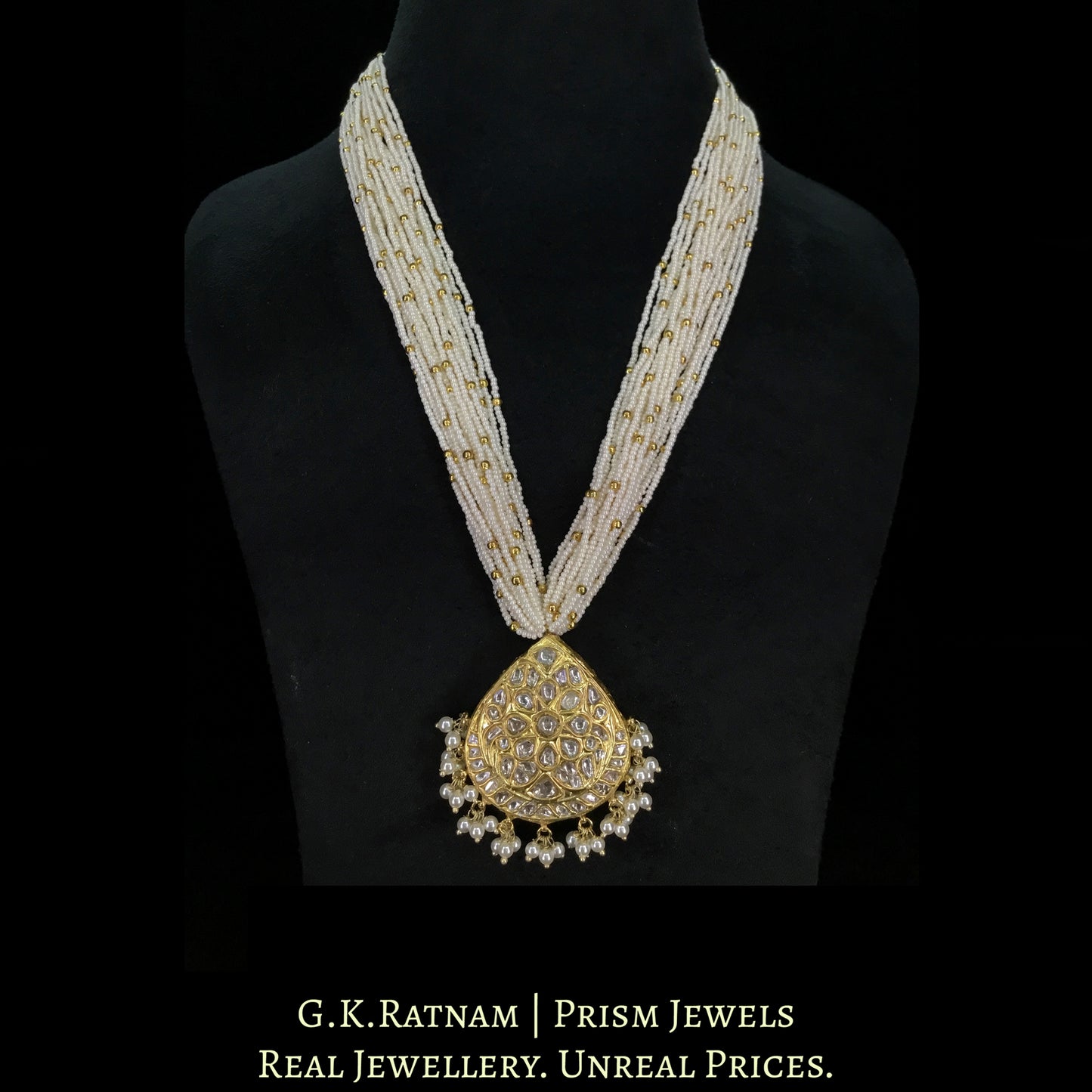 23k Gold and Diamond Polki pear-shaped Pendant with Chid Pearl Bunches - G. K. Ratnam