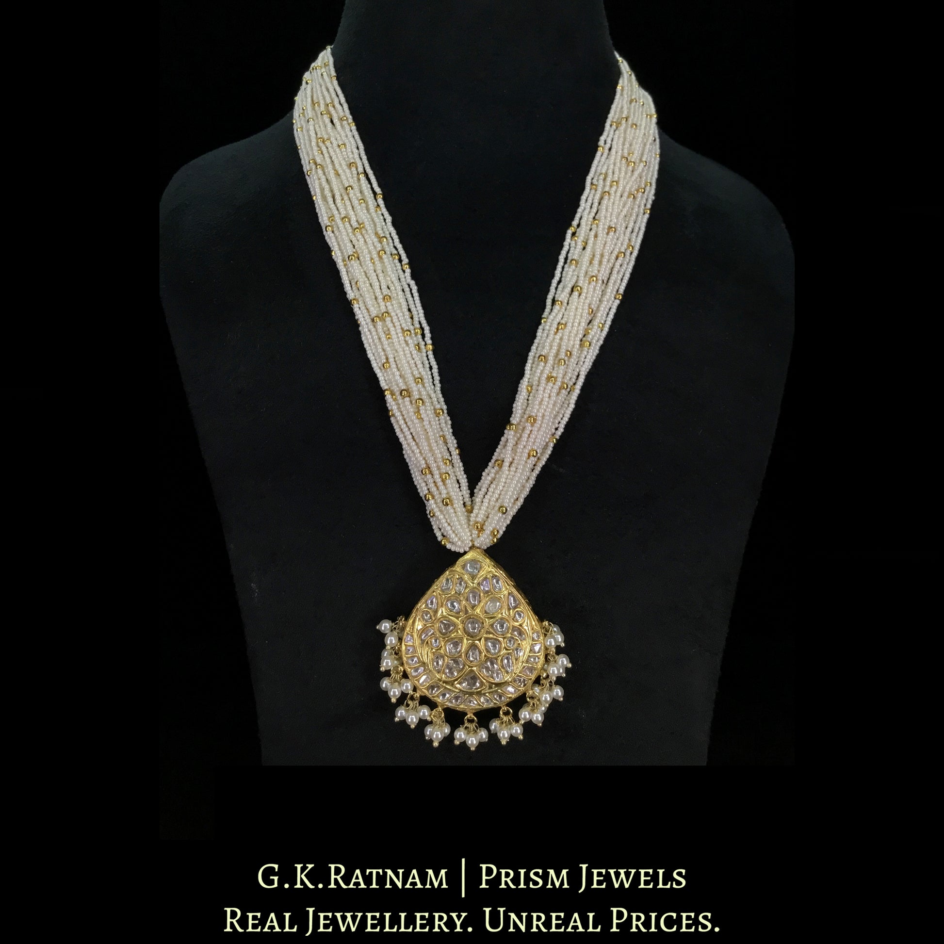 23k Gold and Diamond Polki pear-shaped Pendant with Chid Pearl Bunches - G. K. Ratnam
