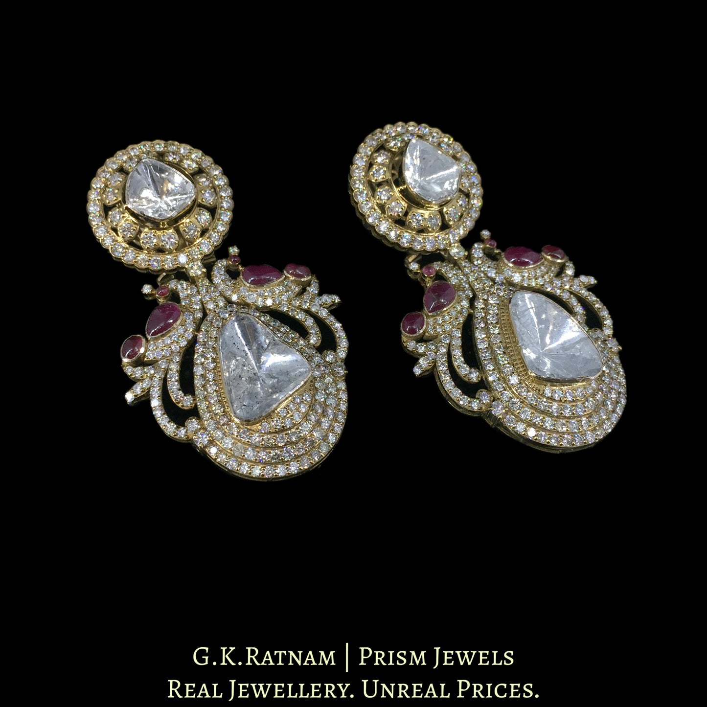 14k Gold and Diamond Polki Open Setting Long Earring Pair in victorian-finish