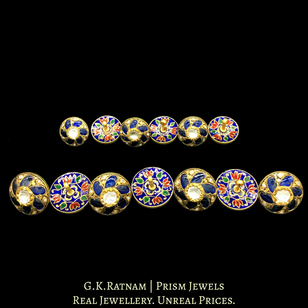 22k Gold and Diamond Polki prataj-work Sherwani Buttons with Blue Sapphire Talafs