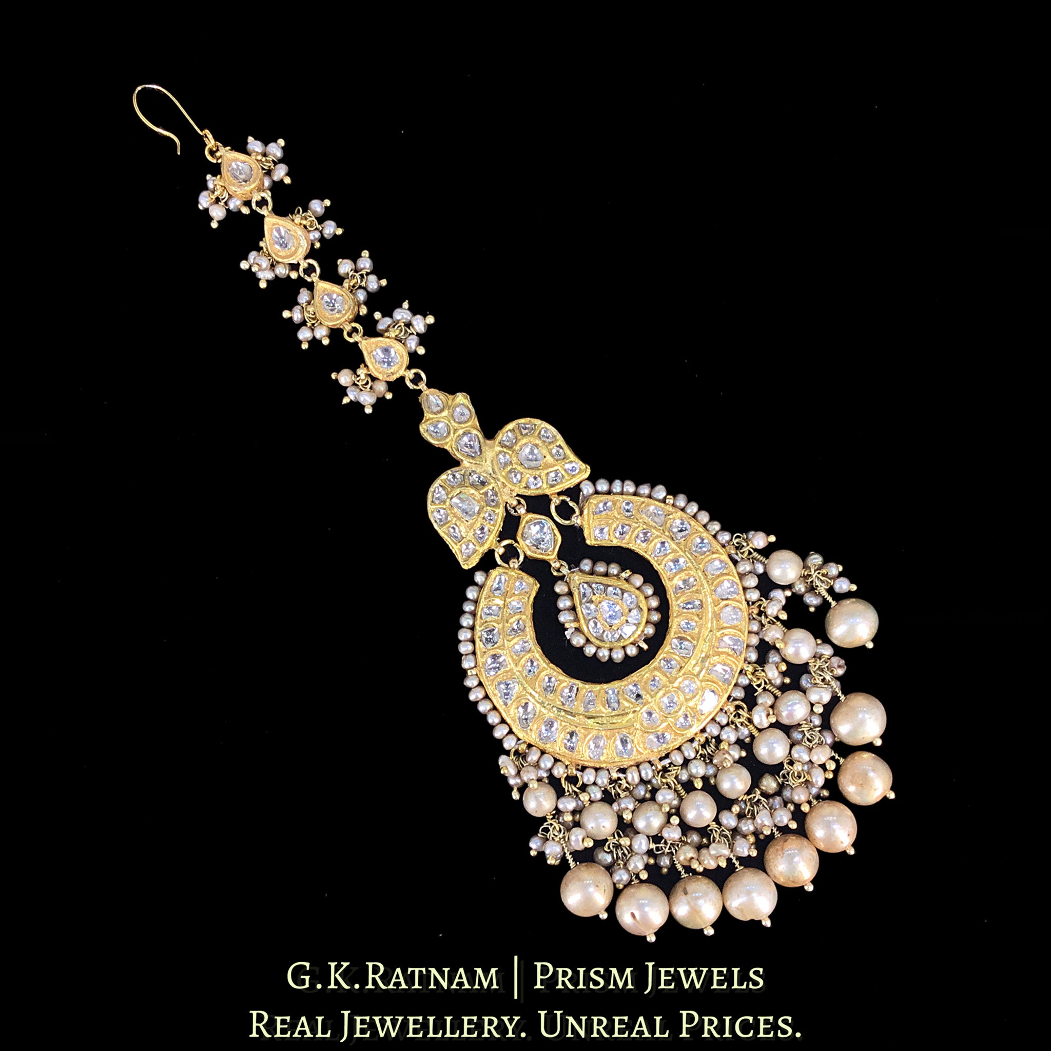 23k Gold and Diamond Polki Maang Tika With Antiqued Freshwater Pearls