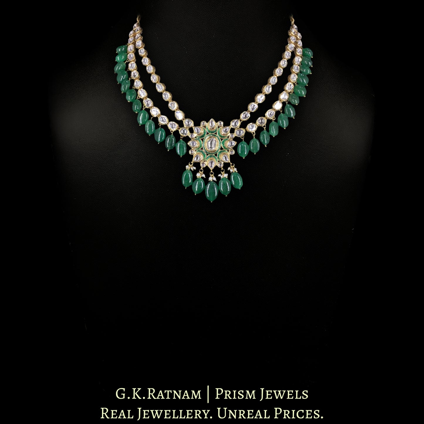 18k Gold And Diamond Polki Necklace with emerald-grade Green Beryls
