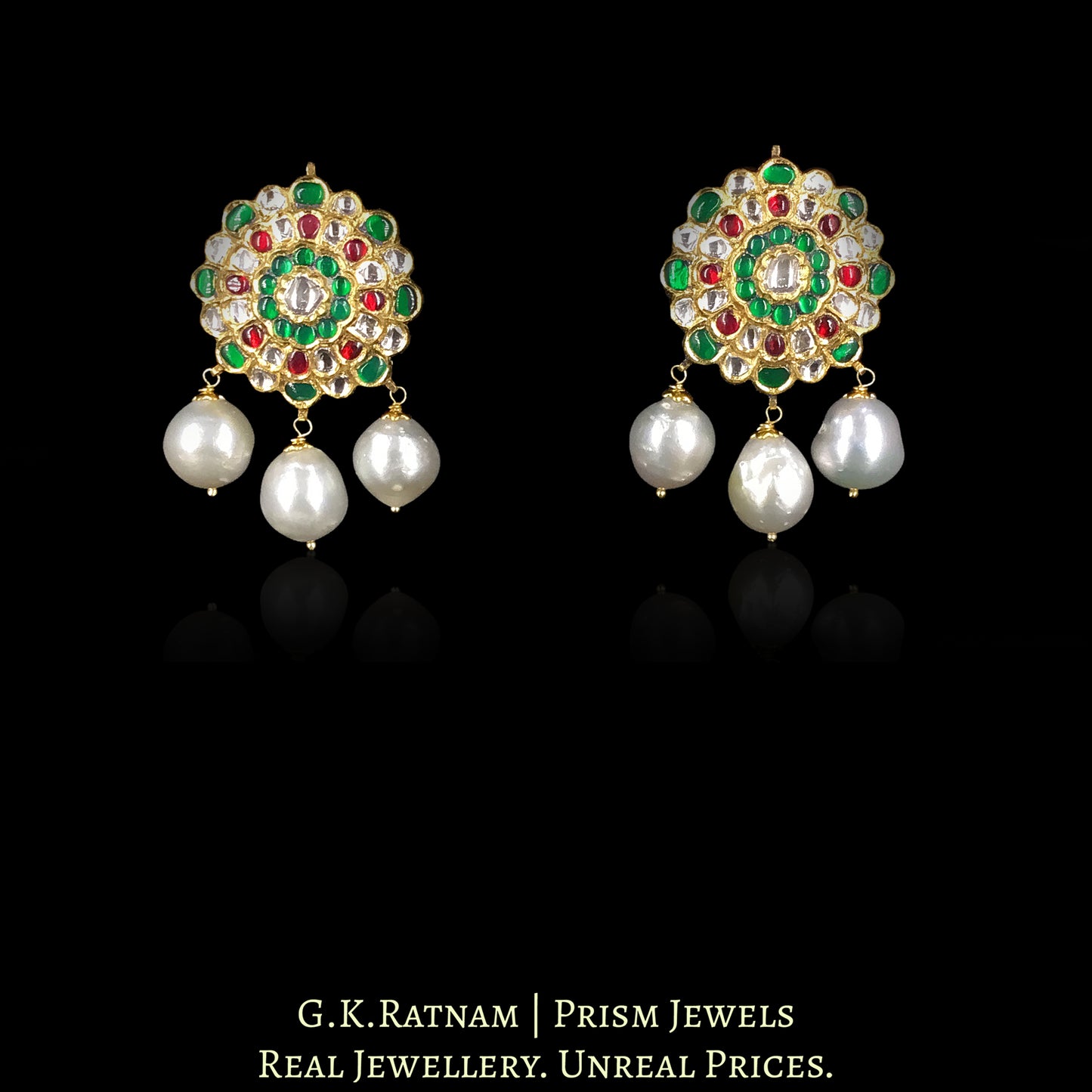 18k Gold and Diamond Polki south-style Karanphool Earring Pair with Rubies and Emeralds
