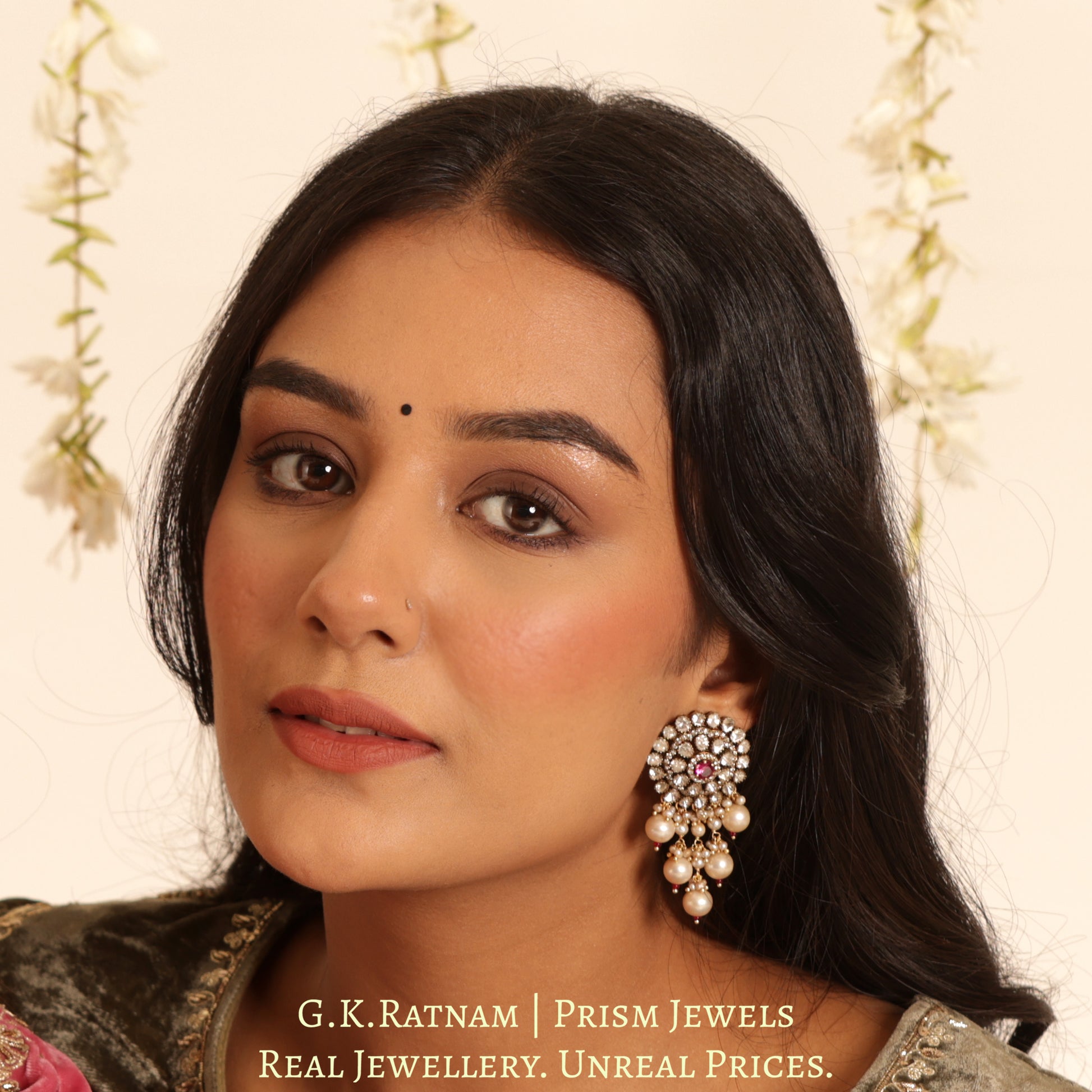 14k Gold and Diamond Polki Open Setting Choker Necklace Set with Antiqued Freshwater Pearls - G. K. Ratnam