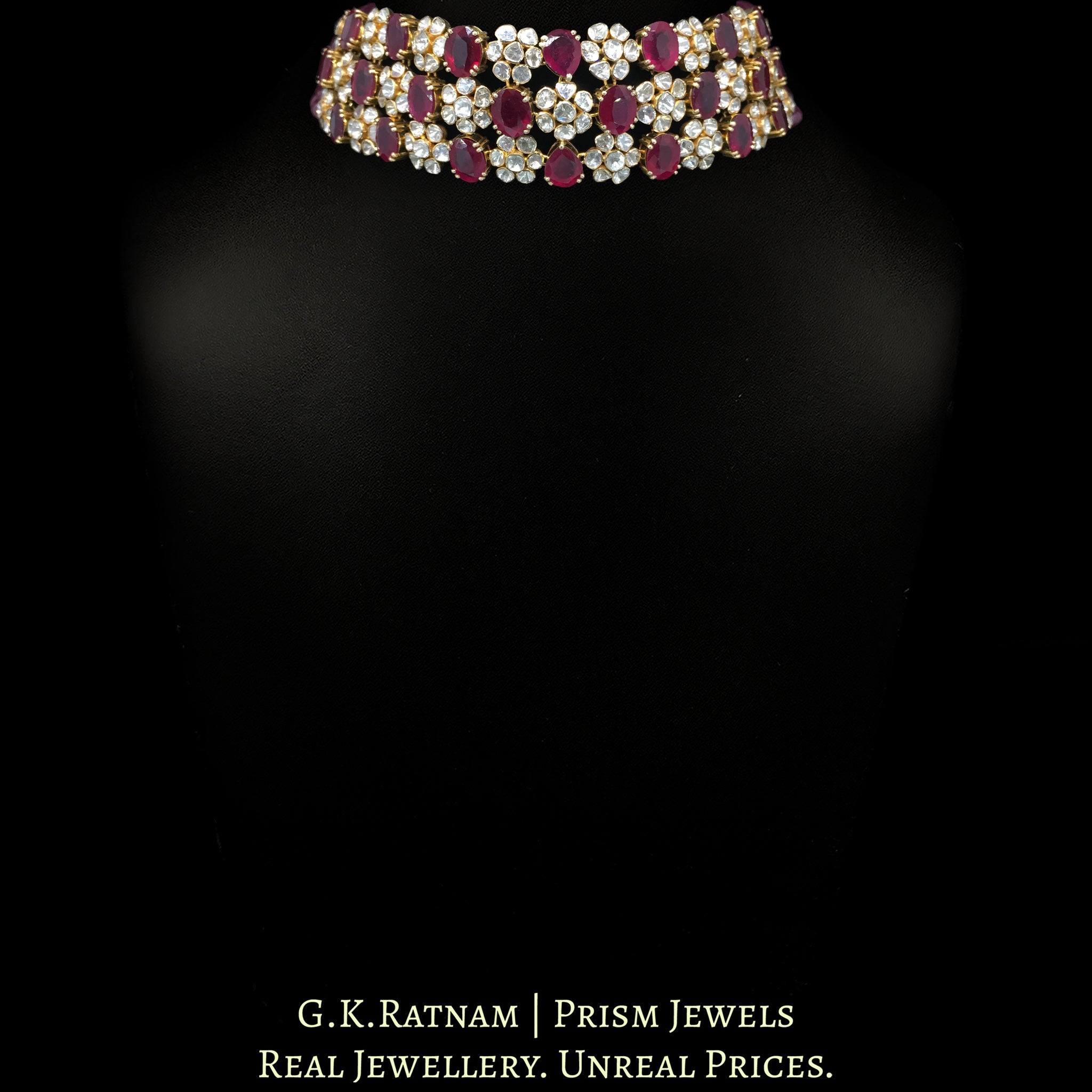 18k Gold and Diamond Polki Open Setting Choker Necklace Set with Rubies