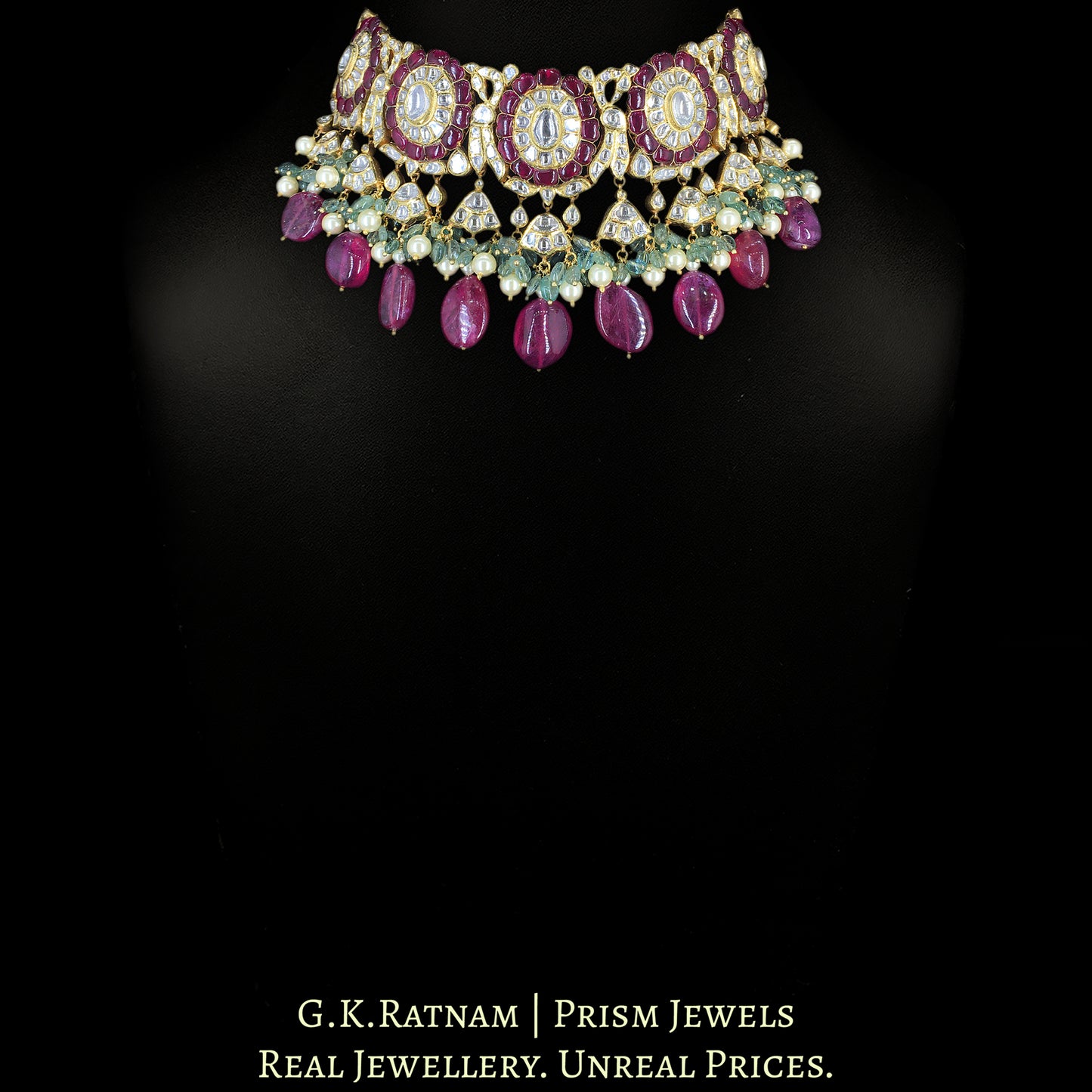 18k Gold and Diamond Polki Choker Necklace enhanced with Rubies, Emeralds and Pearls