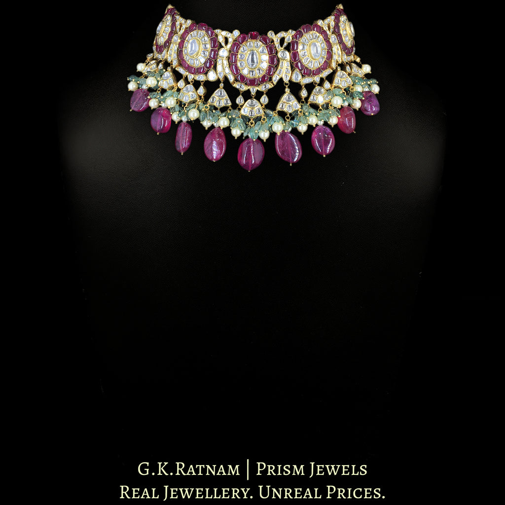 18k Gold and Diamond Polki Choker Necklace enhanced with Rubies, Emeralds and Pearls