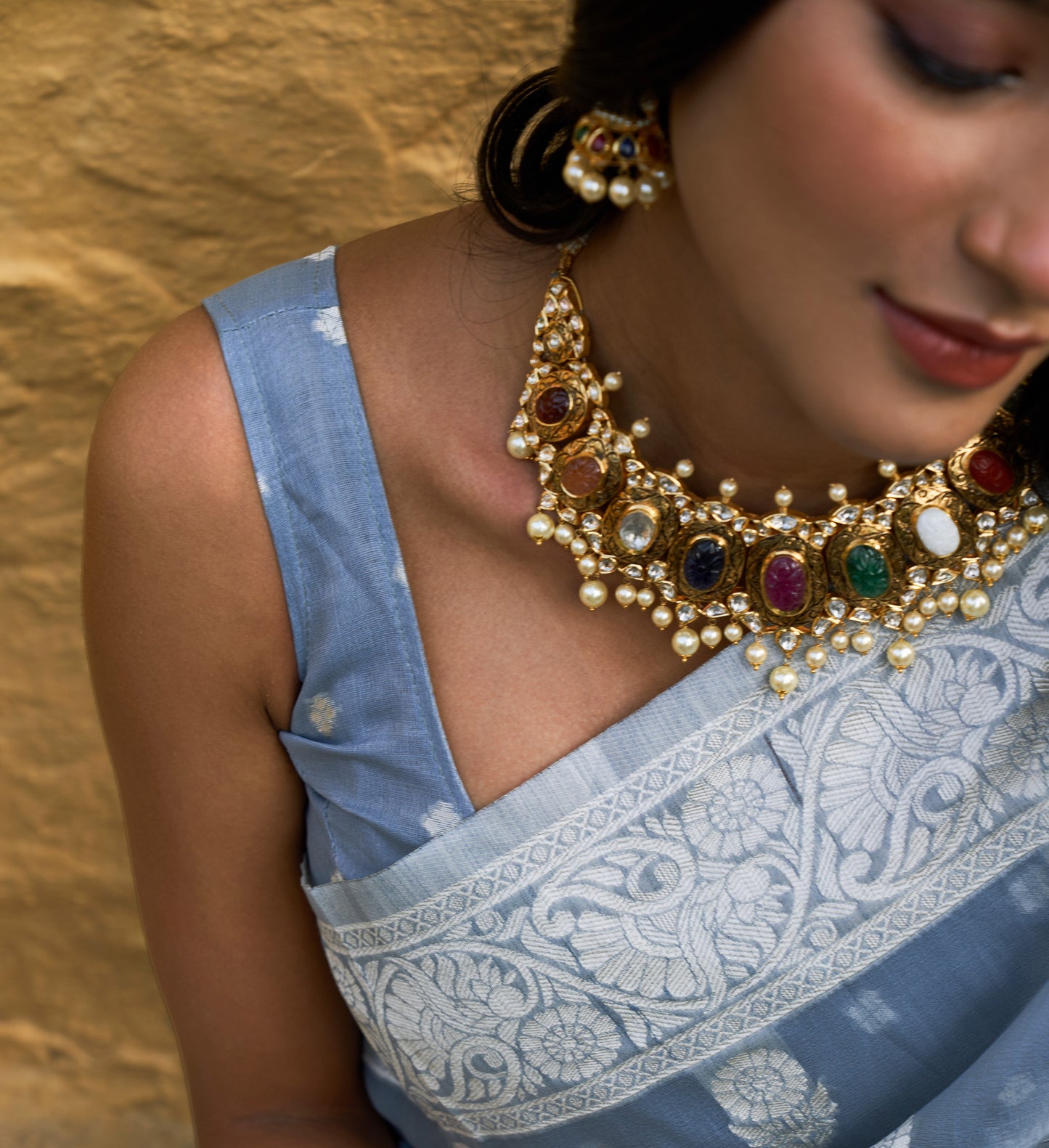 18k Gold and Diamond Polki Navratna Necklace Set with intricate goldwork around Navratan Carved Stones - G. K. Ratnam