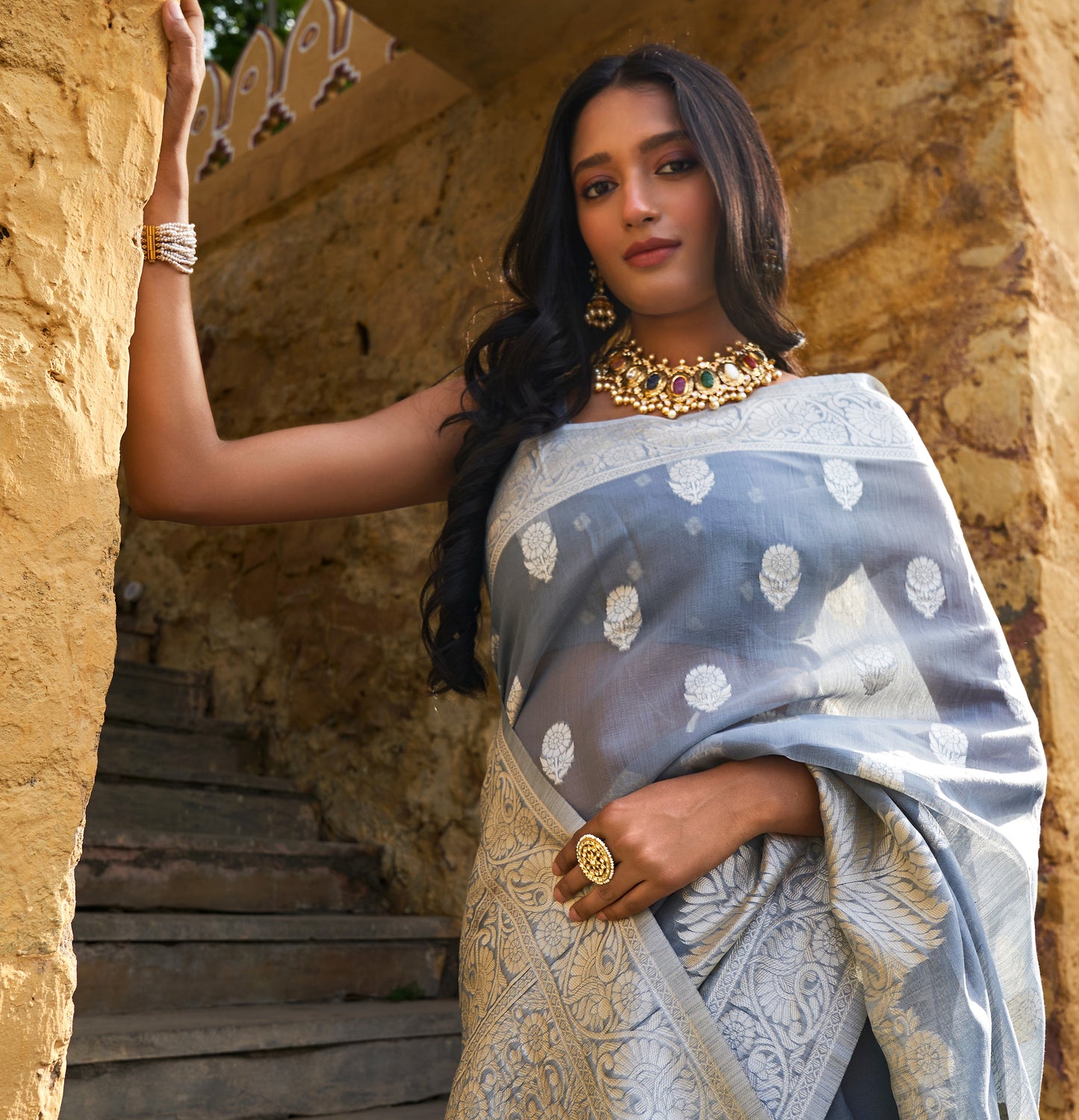 18k Gold and Diamond Polki Navratna Necklace Set with intricate goldwork around Navratan Carved Stones - G. K. Ratnam