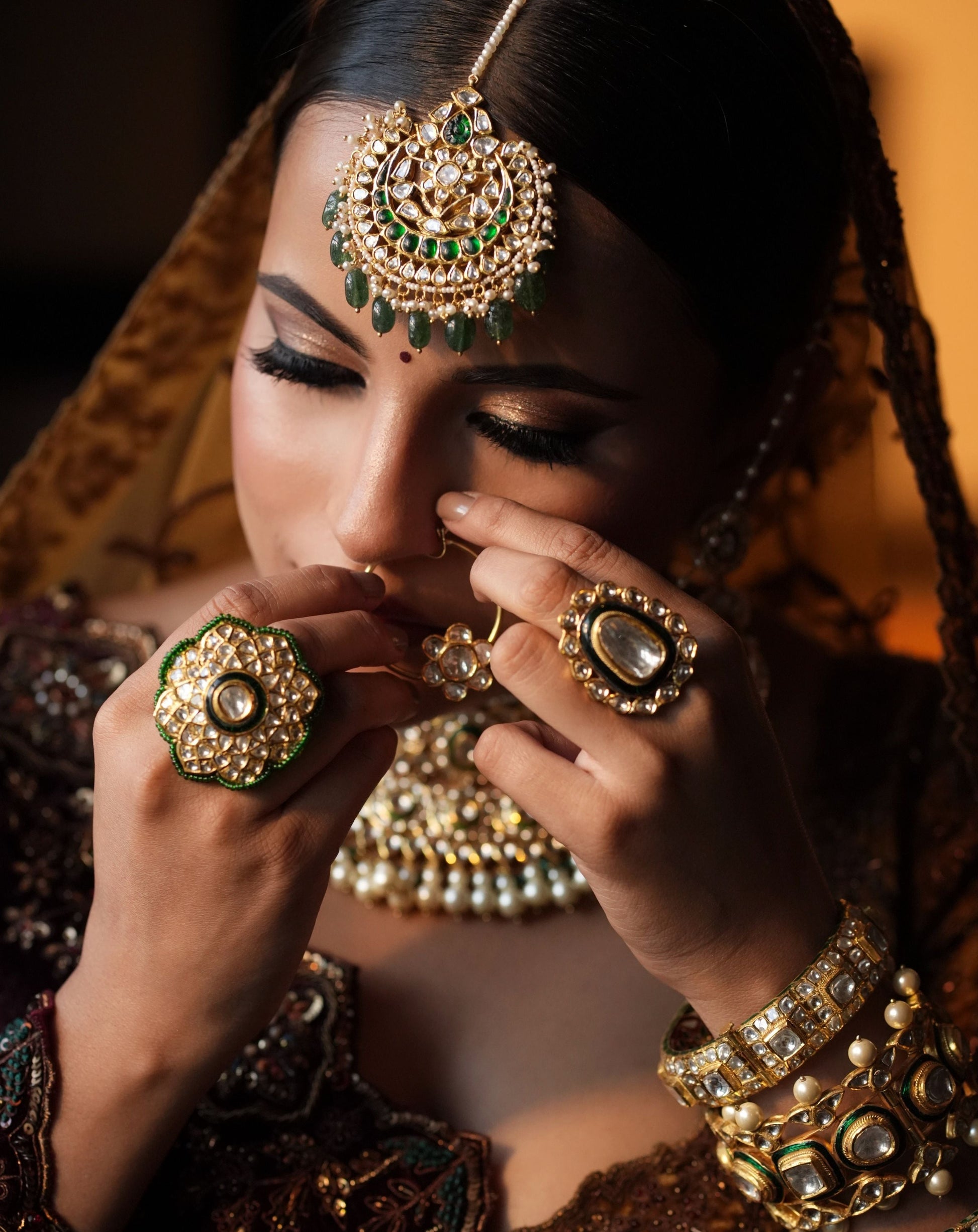 18k Gold and Diamond Polki floral Nose Ring with pearl chain support - G. K. Ratnam