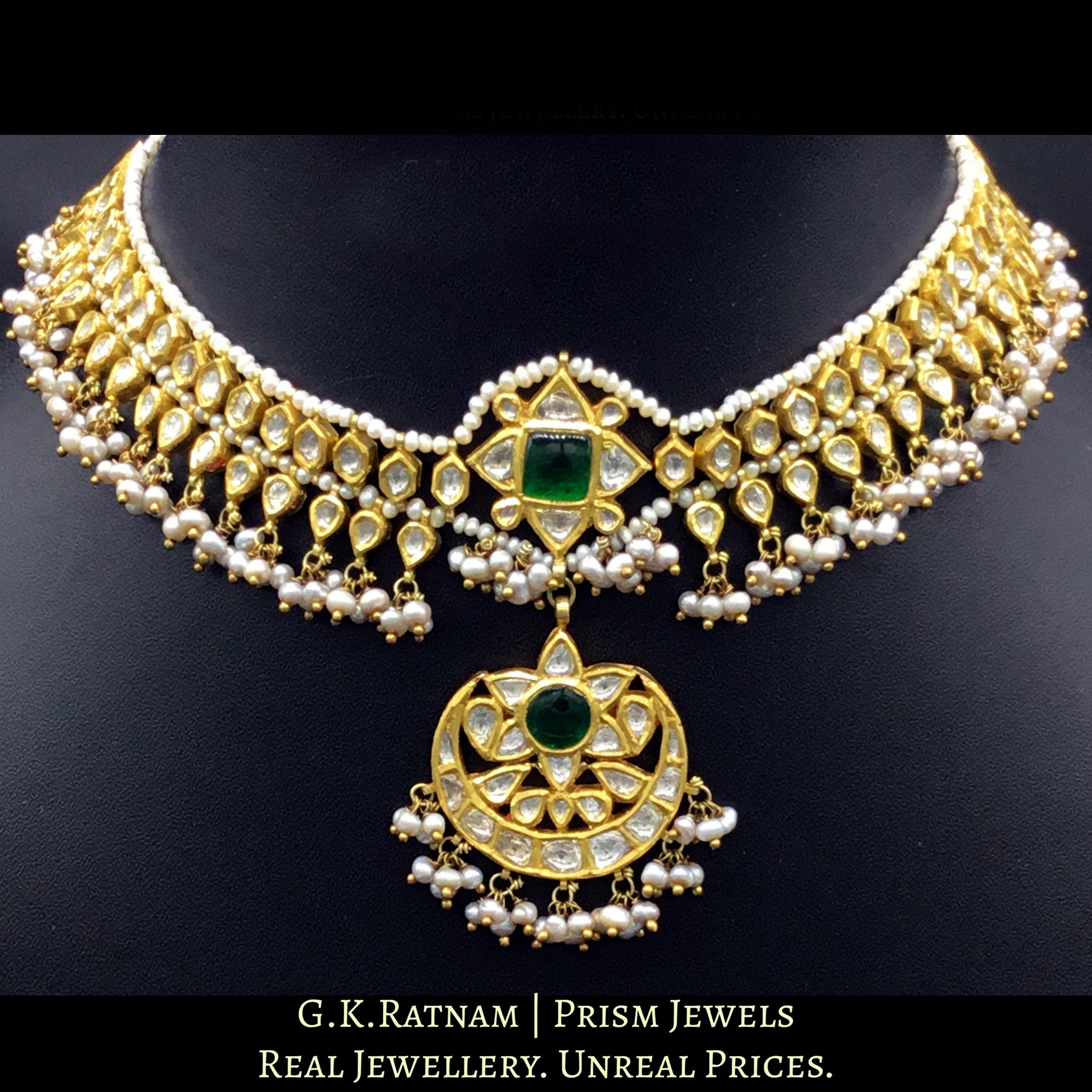 18k Gold and Diamond Polki Matha Patti with antiqued natural hyderabadi pearls - G. K. Ratnam