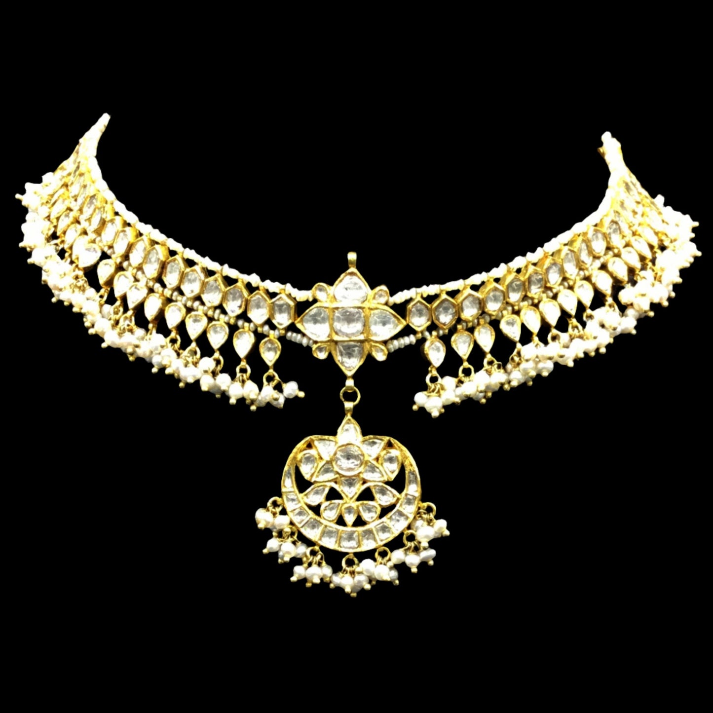 18k Jadau Matha Patti-cum-Necklace with Natural Freshwater Pearls - G. K. Ratnam